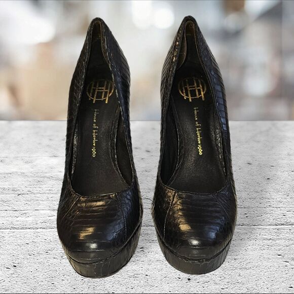 HOUSE of HARLOW 1960 NORA SNAKESKIN PLATFORM STILETTO HEELS  8.5 M- 39EU BLACK - Picture 3 of 16
